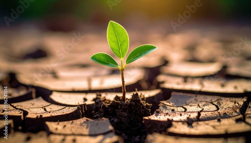Tiny sprout grows from cracked earth, symbolizing hope, resilience, and environmental recovery