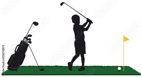 Silhouette of child playing golf with clubs and flag on grass
