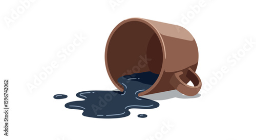 Overturned coffee cup with spilled liquid on white background in isometric style