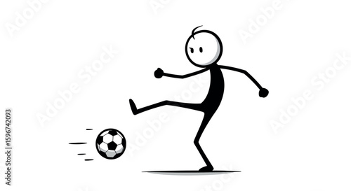Stick figure playing soccer with a kick and motion lines on white background