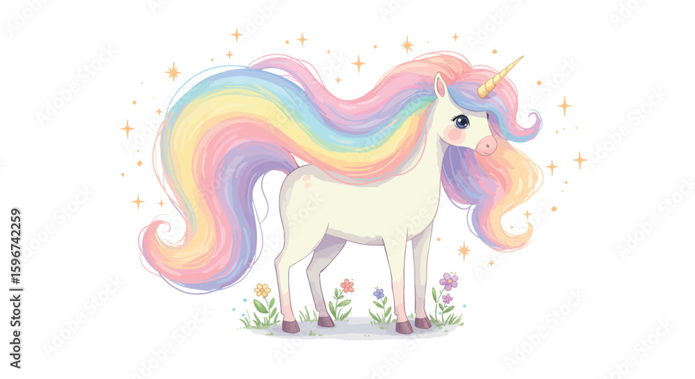 Fototapeta premium Enchanting rainbow unicorn with sparkling stars and floral accents