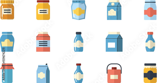 Assortment of food containers and packaging including jars and milk cartons