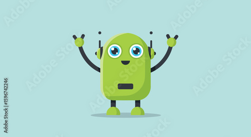 Cute green robot cartoon character with happy expression on light blue background