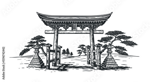 Traditional japanese torii gate with pine trees in woodcut style