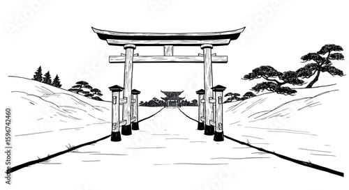Traditional japanese torii gate in ink style landscape