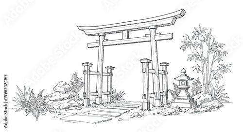 Japanese garden entrance with torii gate and bamboo line art