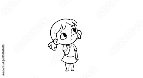 Cute pensive girl in simple black and white cartoony line art style