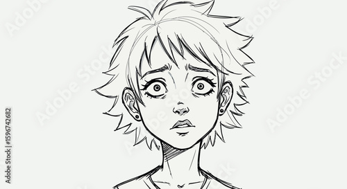 Expressive sketch of worried girl with short spiky hair