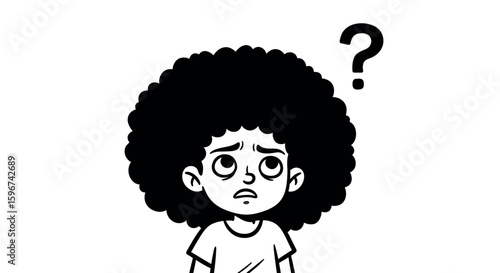 Puzzled cartoon child with afro and question mark on white background