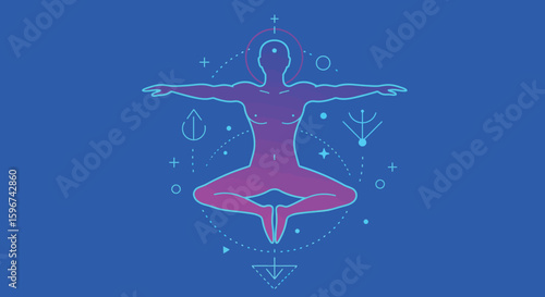 Floating meditation in minimalistic neon style with sacred geometry elements