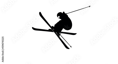Dynamic skier silhouette capturing a mid-air jump against white background