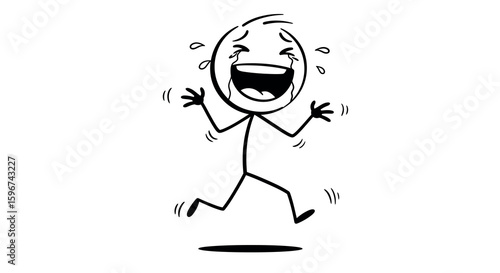 Stick figure in joyful laughter with tears and exaggerated expressions