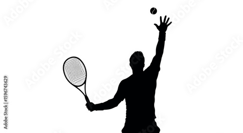 Dynamic tennis player silhouette serving a ball on white background