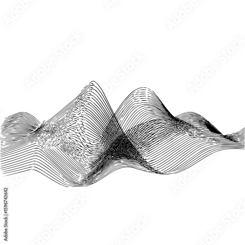 Abstract black and white line art featuring wavy lines creating a mountain like landscape shape design