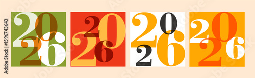 Set of 2026 Happy New Year logo text design. 2026 number design template. Collection of 2026 Happy New Year card, cover, poster. Vector illustration with labels isolated on colorful background.
