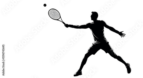 Tennis player in dynamic silhouette action with racket and ball