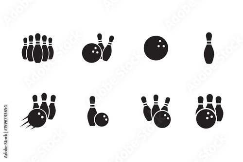Bowling glyph icon set. Black silhouette collection of bowling ball, pin, and strike symbols for sport and recreation