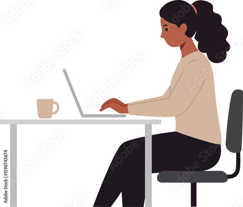 Woman Working on Laptop at Desk Profile View Casual Attire.