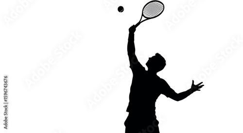Silhouette of tennis player serving with racket against white background