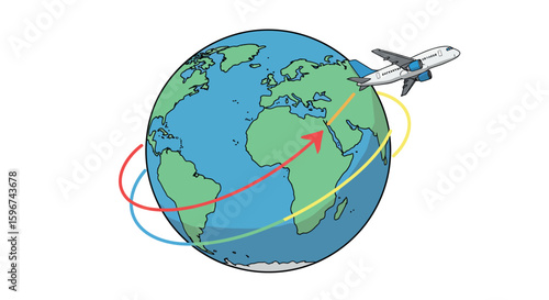Airplane circling the globe with colorful flight paths