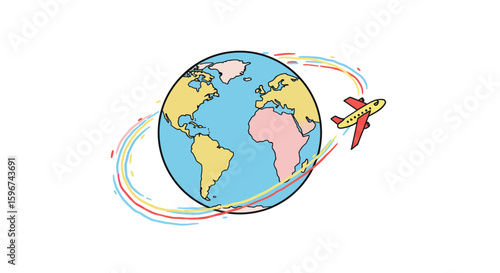Colorful airplane traveling around world in cartoon style