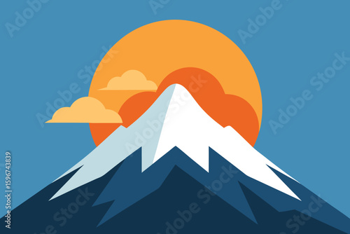 Sunset Over Majestic Mountain Peak, Nature Illustration in Clear Sky, Scenic Landscape View