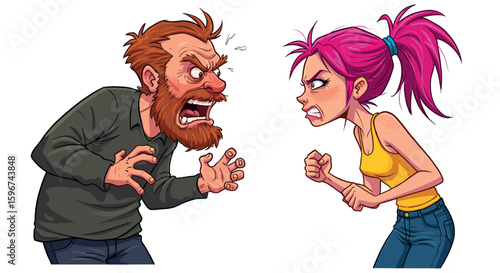Animated cartoon characters in a heated argument with expressive gestures and emotions