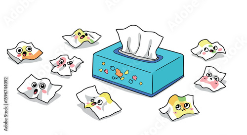 Cute cartoon tissue box with colorful expressions and emotions