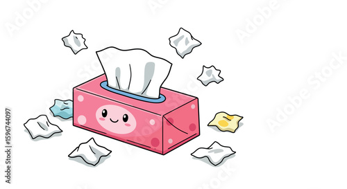 Cute cartoon tissue box with happy face and surrounding tissues
