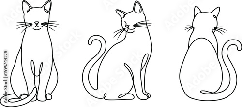 Cad drawing flat vector illustration of three cat silhouettes sitting in different poses, minimalist line style, black and white design