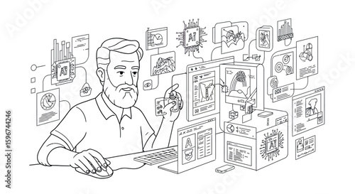 Man engaged in ai development with interactive digital elements in line art style