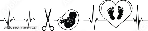Cad drawing flat vector illustration symbolizing childbirth process with heartbeat line, scissors, fetus silhouette, footprints in heart