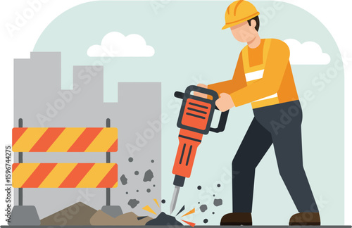 Construction Worker Using Jackhammer Breaking Ground Safety Gear Vector Illustration.