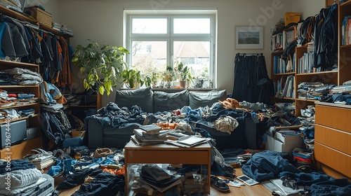 Cluttered living room filled with disorganized clothes, books, and miscellaneous items.  A chaotic scene of overflowing surfaces and floor space