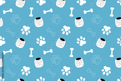 Cute seamless pattern with  cartoon dog nose, paw, and bone on  blue background. Pet, animal, veterinary clinic. For background, wallpaper, textiles, packaging or  website.
