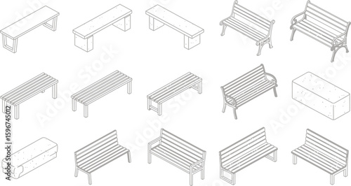 Isometric bench illustration set for park outdoor furniture design element