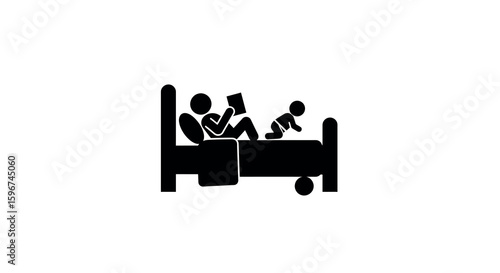 Family bedtime routine: parent reading with child and baby on bed silhouette