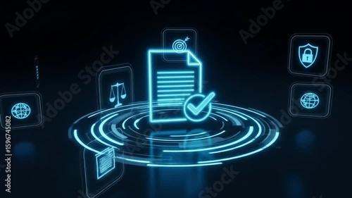 Digital icons representing compliance, regulation, and data protection are displayed on a futuristic interface