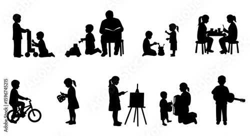 Children silhouette activities: play, learn, and create in flat design