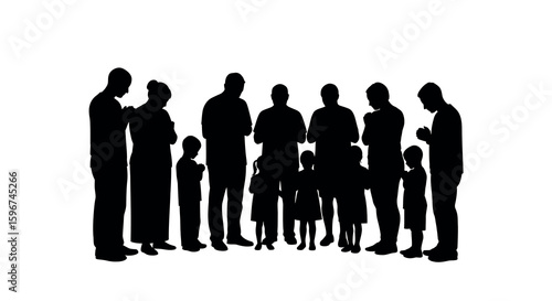 Silhouette of diverse family generations praying together in unity