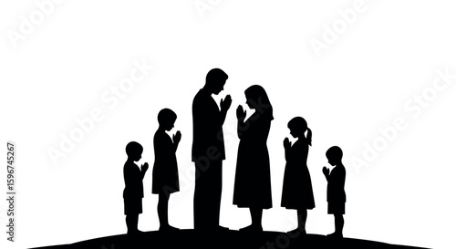 Family praying together silhouette against white background