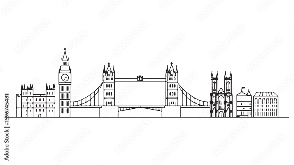 Fototapeta premium London Skyline Silhouette featuring Tower Bridge, Big Ben and other iconic landmarks in simple, clean black and white illustration
