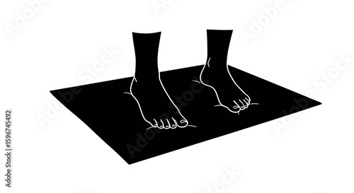 Minimalist silhouette of feet on a floor mat in black and white
