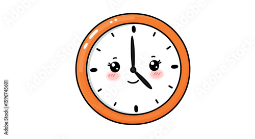 Cute cartoon clock with cheerful face and orange frame on white background