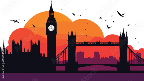 London Skyline Silhouette at Sunset with Birds and Tower Bridge over Cityscape in Warm Colors and Minimalist Design