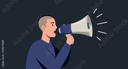 Person speaking through a megaphone against dark background