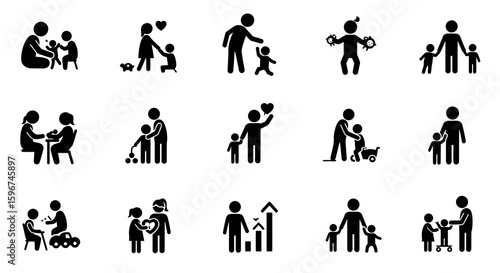 Family silhouette icons on white: parenting, caregiving, and bonds