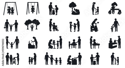 Silhouette family activities: parents and children engaging outdoors and indoors
