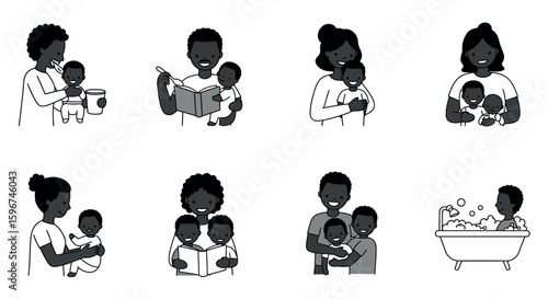Black and white family moment icons: parenting and care