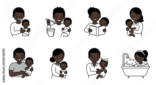 Happy family moments with baby: bathing, reading, and smiling together in simple art